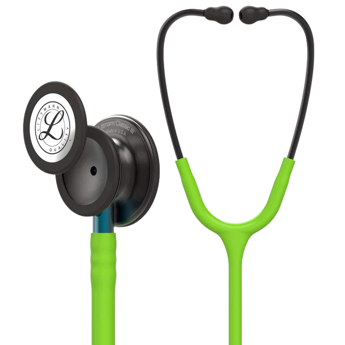 3M™ Littmann® Classic III™ Stethoscope, Smoke Chestpiece, Lime Green Tube, Blue Stem and Smoke Headset, 27 inch, 5875